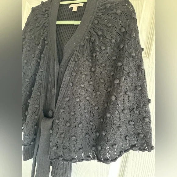 Rebecca Taylor Black Wool Blend Pompom Tie Front Cardigan Sweater - Picture 3 of 8